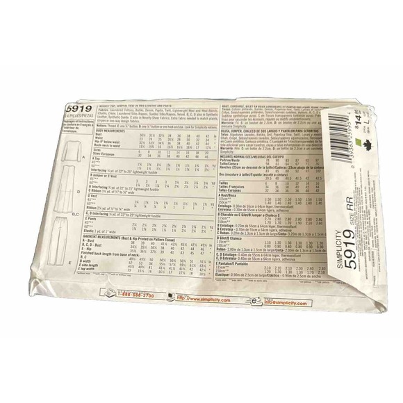 Simplicity 5919 Sewing Pattern UNCUT Jumper Pants Vest Size RR 14, 16, 18, 20 - Picture 3 of 3